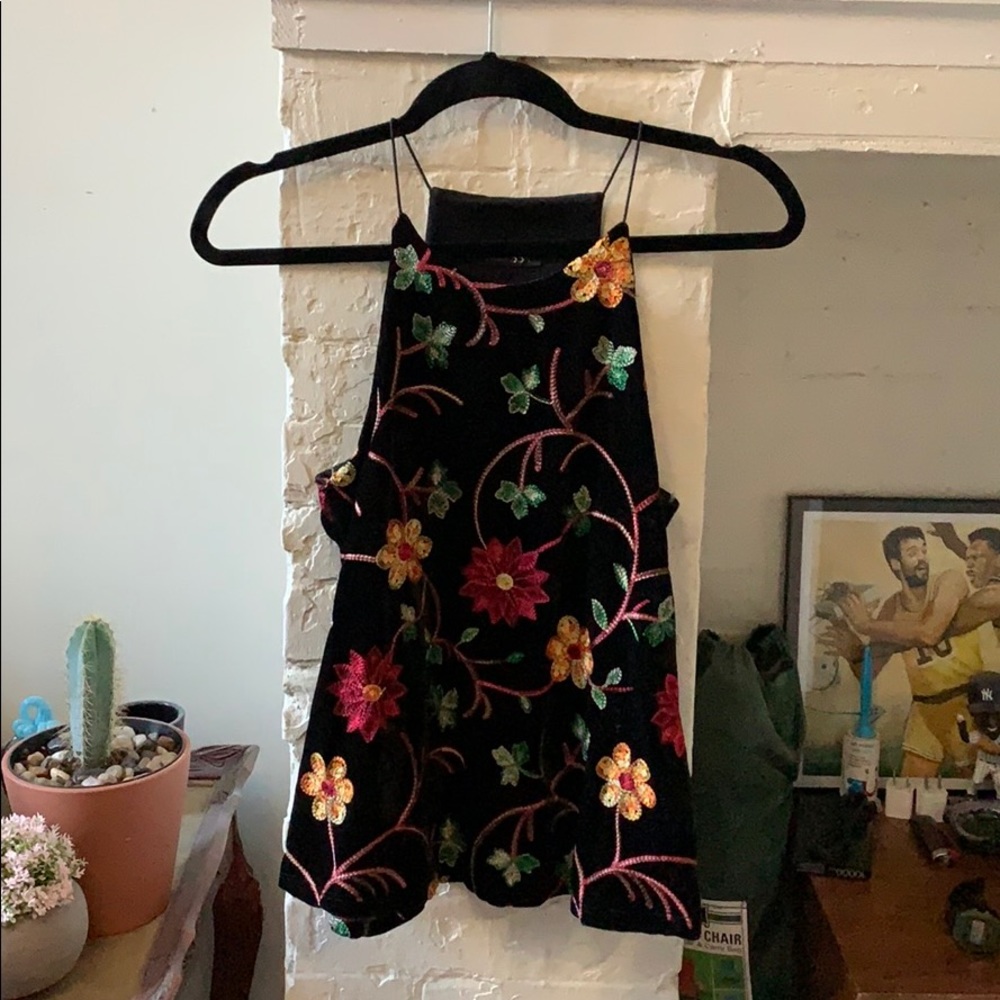 Velvet floral embroidered tank top